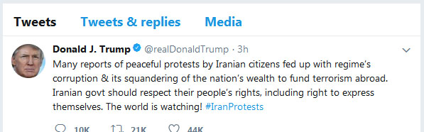 واکنش مداخله جویانه ترامپ و مقامات آمریکا به تظاهرات اعتراضی در ایران