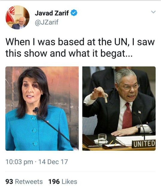 واکنش ظریف به نمایش تبلیغاتی اخیر امریکا علیه ایران (+عکس) واکنش ظریف به نمایش تبلیغاتی اخیر امریکا علیه ایران (+عکس)