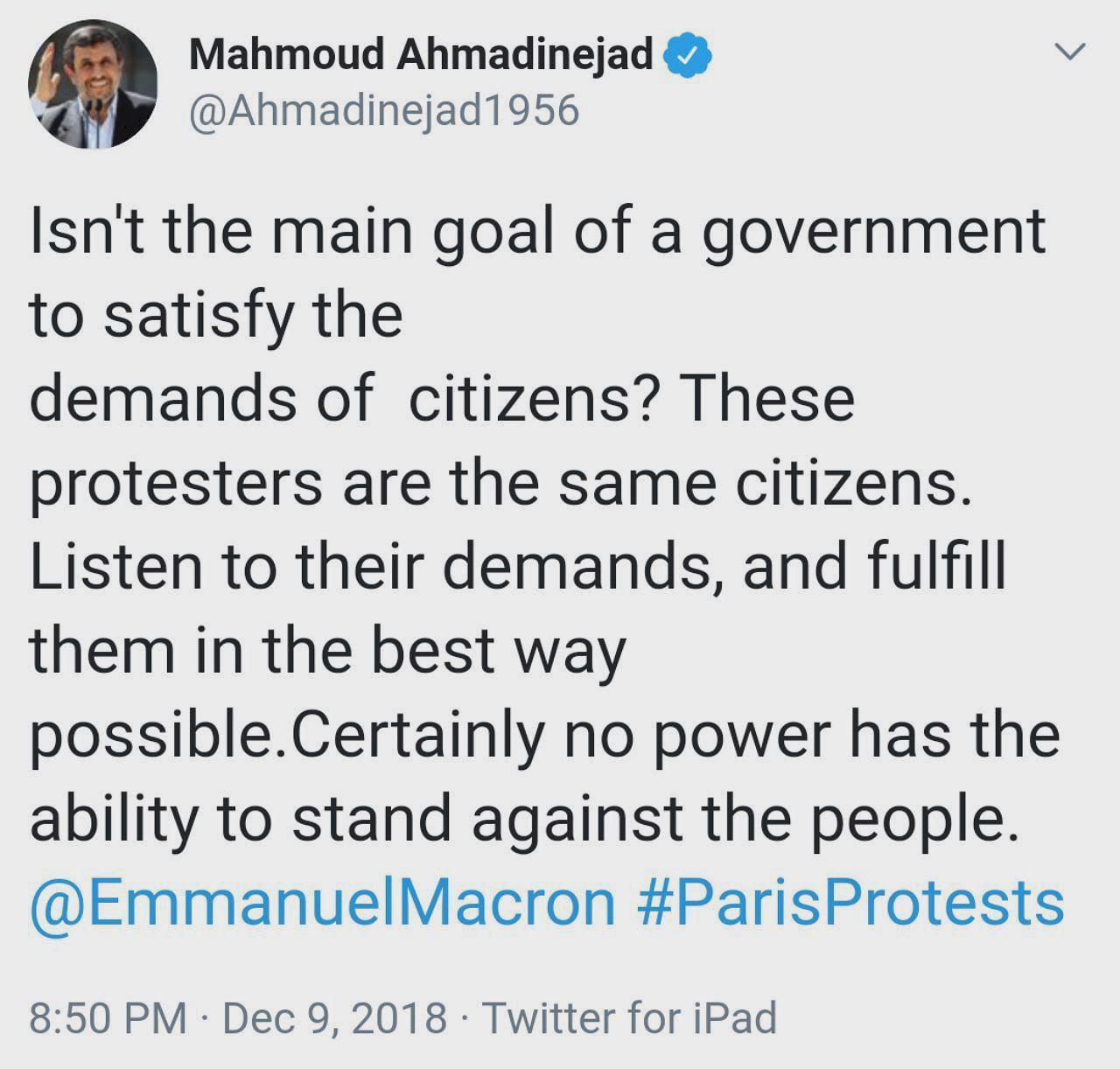 تذکر احمدی&zwnj;نژاد به رئیس جمهور فرانسه: به حرف مردم گوش کن