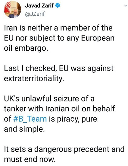 ظریف: اقدام انگلیس علیه نفت&zwnj;کش حامل نفت ایران دزدی دریایی است