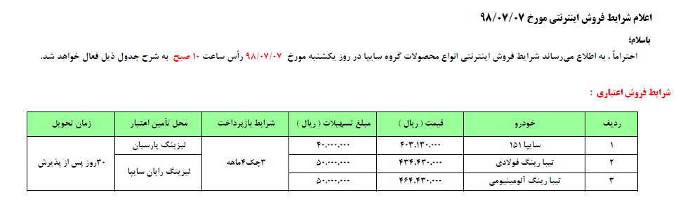 جدیدترین طرح فروش اقساطی محصولات سایپا ویژه 6 و 7 مهرماه 98 (+جدول) جدیدترین طرح فروش اقساطی محصولات سایپا ویژه 6 و 7 مهرماه 98 (+جدول)