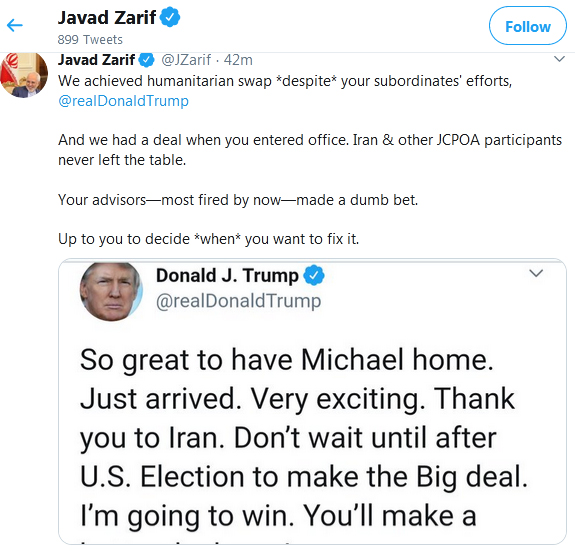 ترامپ: تشکر از ایران/ من در انتخابات برنده خواهم شد/ ایران صبر نکند از همین حالا با من مذاکره کند+جواب ظریف ترامپ: تشکر از ایران/ من در انتخابات برنده خواهم شد/ ایران صبر نکند از همین حالا با من مذاکره کند+جواب ظریف