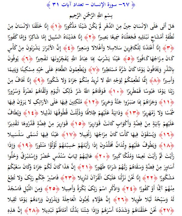 سوره های قرآن/ سوره انسان (متن، ترجمه و فایل صوتی)