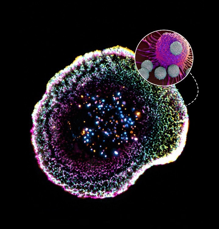 یک سلول T سیتوتوکسیک که با استفاده از cryo expansion microscopy / روش میکروسکوپی انبساطی همراه با انجماد سریع تصویربرداری شده است. نقاط رنگی در مرکز، گرانول های سیتوتوکسیک هستند که برای از بین بردن سلول های آلوده یا سرطانی استفاده می شوند. یک سلول T سیتوتوکسیک که با استفاده از cryo expansion microscopy / روش میکروسکوپی انبساطی همراه با انجماد سریع تصویربرداری شده است. نقاط رنگی در مرکز، گرانول های سیتوتوکسیک هستند که برای از بین بردن سلول های آلوده یا سرطانی استفاده می شوند.