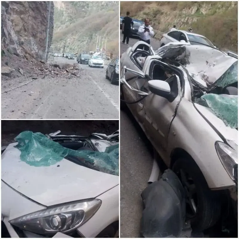 سقوط سنگ بر روی خودروها در جاده کندوان