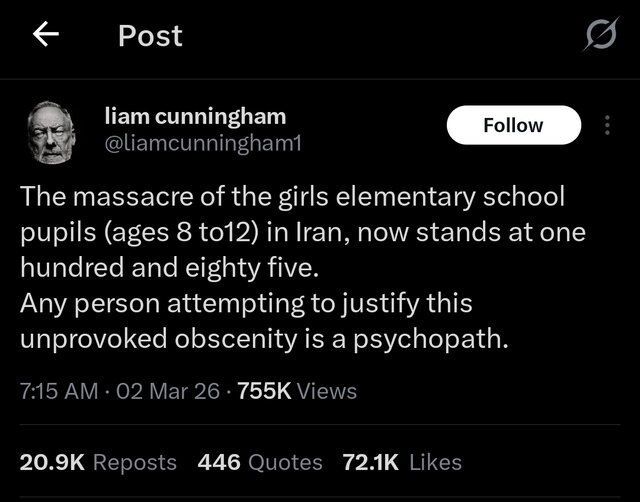 کشتار دانشآموزان دختر دبستانی (در بازه سنی ۸ تا ۱۲ سال) در ایران اکنون به ۱۸۵ نفر رسیده است. هر فردی که تلاش کند این اقدام بی منطق و هولناک را توجیه کند، یک بیمار روانی است. کشتار دانشآموزان دختر دبستانی (در بازه سنی ۸ تا ۱۲ سال) در ایران اکنون به ۱۸۵ نفر رسیده است. هر فردی که تلاش کند این اقدام بی منطق و هولناک را توجیه کند، یک بیمار روانی است.