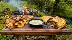 طرز تهیه کالزونه غول‌پیکر پنیری روی آتش در دل جنگل
