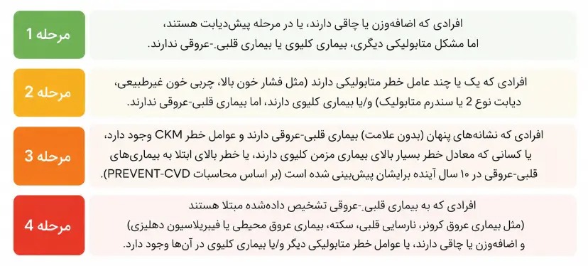 سندرم CKM دارای چهار مرحله است. این مراحل به شناسایی خطر و تدوین استراتژیهای پیشگیری متناسب برای کند کردن یا حتی معکوس کردن پیشرفت سندرم CKM کمک میکنند. سندرم CKM دارای چهار مرحله است. این مراحل به شناسایی خطر و تدوین استراتژیهای پیشگیری متناسب برای کند کردن یا حتی معکوس کردن پیشرفت سندرم CKM کمک میکنند.