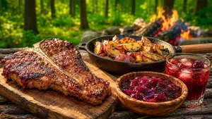 طرز تهیه استیک پورترهاوس روی آتش با سس گیلاس