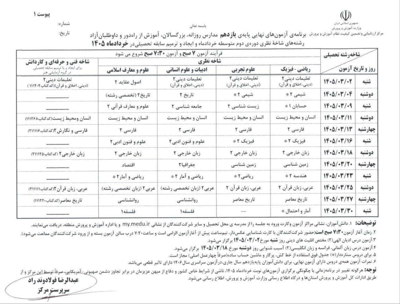 برنامه امتحانات نهایی مدارس در خرداد ۱۴۰۵ اعلام شد برنامه امتحانات نهایی مدارس در خرداد ۱۴۰۵ اعلام شد