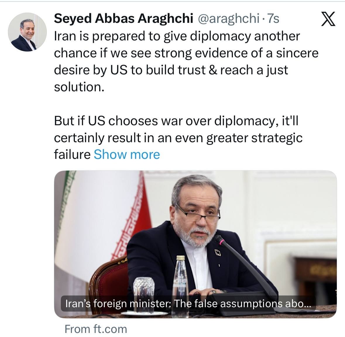 عراقچی: اگر آمریکا صداقت داشته باشد، ایران آماده است بار دیگر به دیپلماسی فرصت بدهد عراقچی: اگر آمریکا صداقت داشته باشد، ایران آماده است بار دیگر به دیپلماسی فرصت بدهد