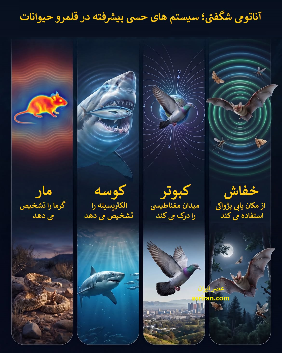 اینفوگرافیک سیستم های حسی مار، کوسه، کبوتر و خفاش اینفوگرافیک سیستم های حسی مار، کوسه، کبوتر و خفاش