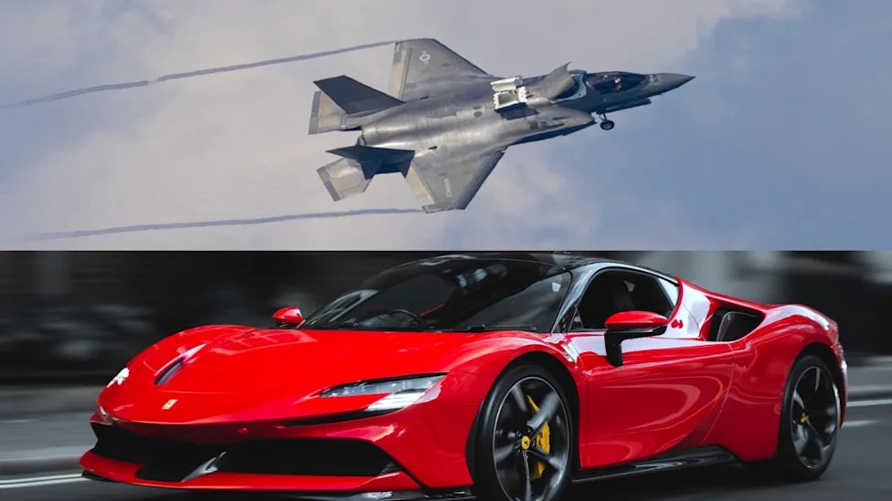 رقابت سرعت جنگنده F-35B با خودرو فراری SF90 در پایگاه هوایی ایتالیا